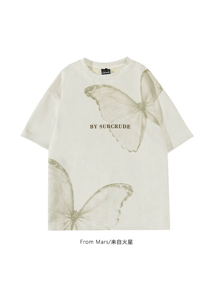 From Mars Dreamy Butterfly retro Cổ tròn hợp thời trang In da lộn mùa hè dáng rộng dễ phối đồ Áo thun ngắn tay