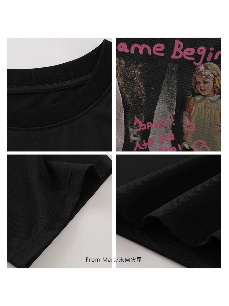 Áo thun cổ tròn in hình nhân vật thời thượng châu Âu và Mỹ của Mars Girl and Dog, áo thun ngắn tay dáng rộng unisex BF