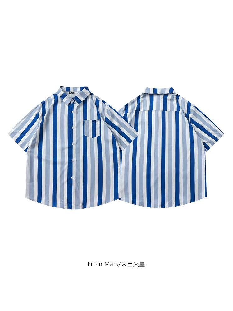 From Mars Eternal Hope Trendy Street Áo sơ mi ngắn tay sọc dọc màu xanh lam dáng rộng giản dị Unisex