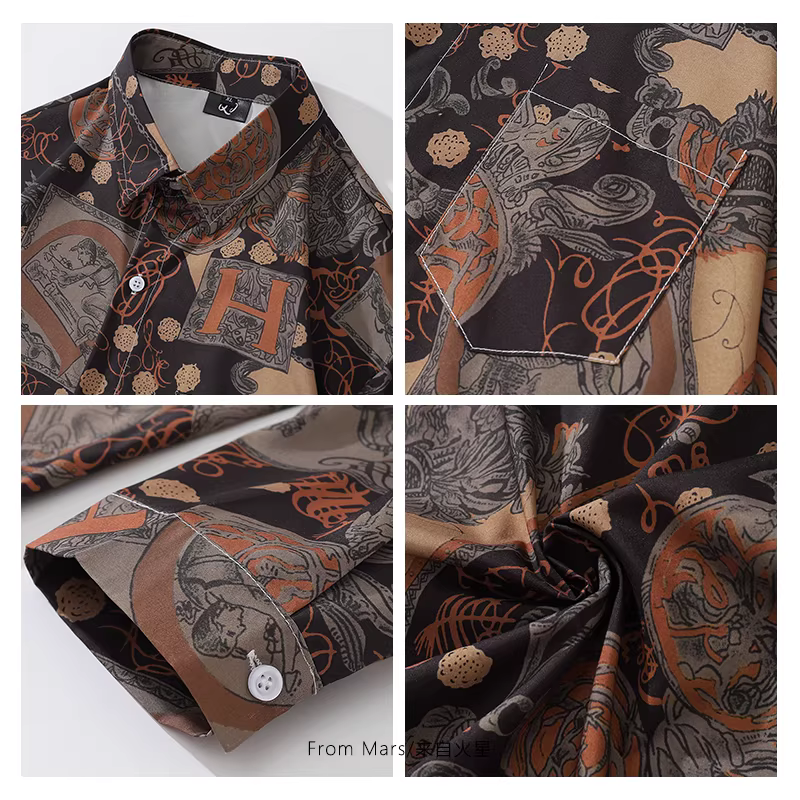 Từ thương hiệu thời trang Trung Quốc Mars, áo sơ mi dài tay in họa tiết dân tộc cổ điển, phong cách đường phố hip-hop, đa năng.