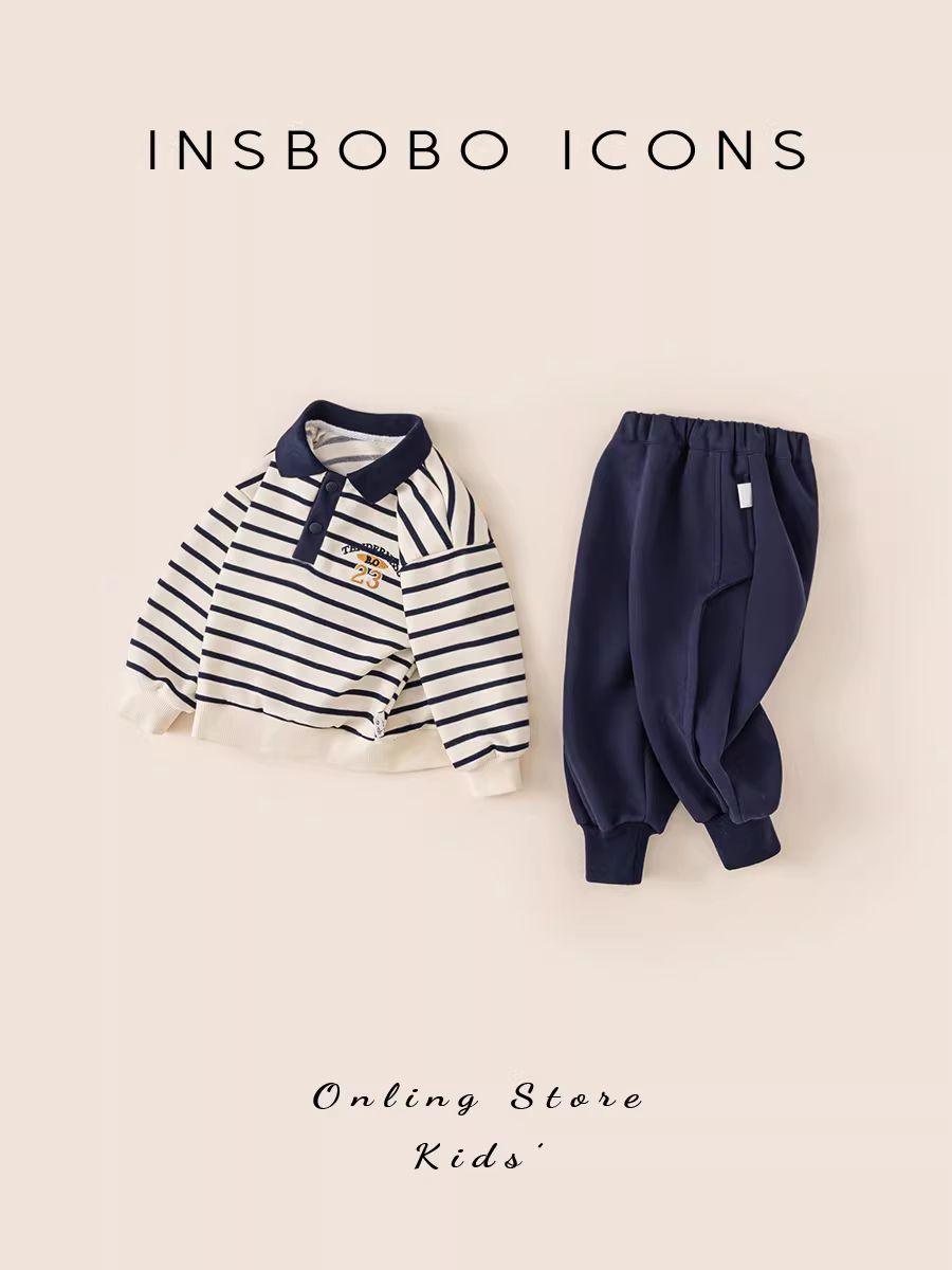 Bộ trang phục thu đông INSbobo cho bé trai 2025, kiểu dáng thu mới, áo sweatshirt bé gái, áo thun dài tay kẻ sọc trẻ em, phong cách thường ngày