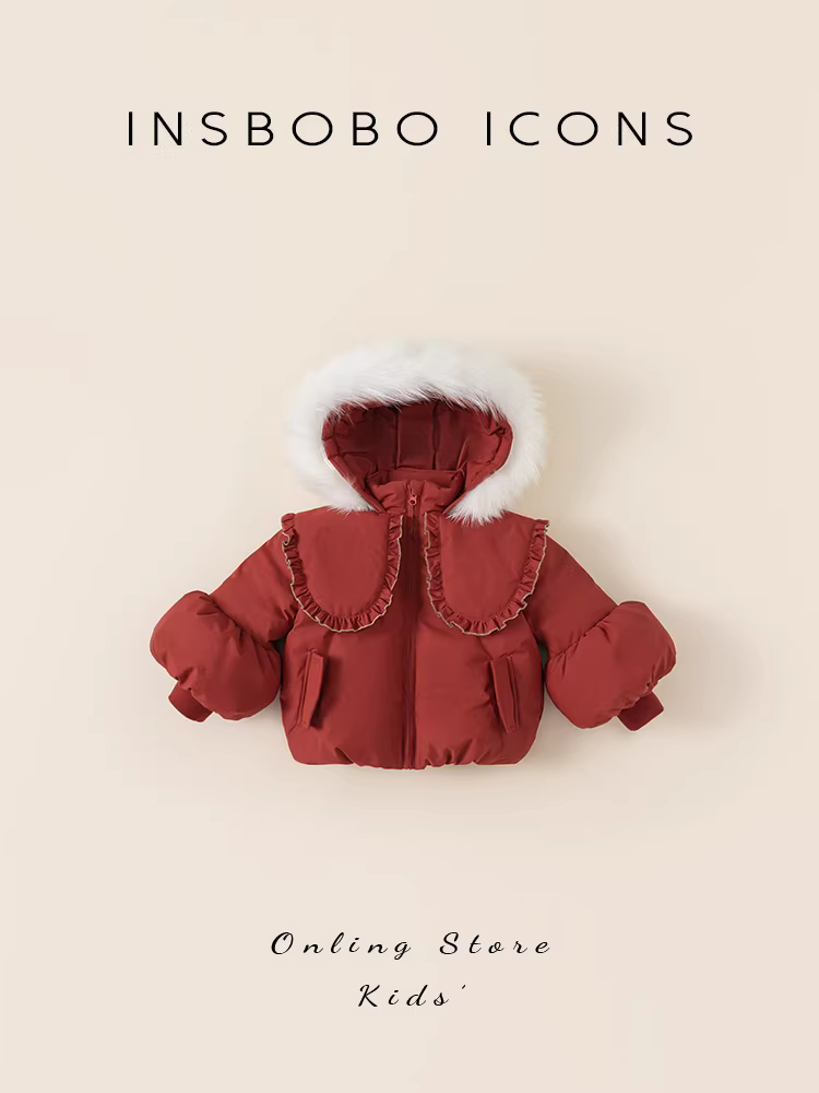 Áo khoác phao bé gái kiểu mới 2024, áo khoác phao mùa đông cho bé gái, tay đèn lồng màu đỏ, trang phục Tết thời trang