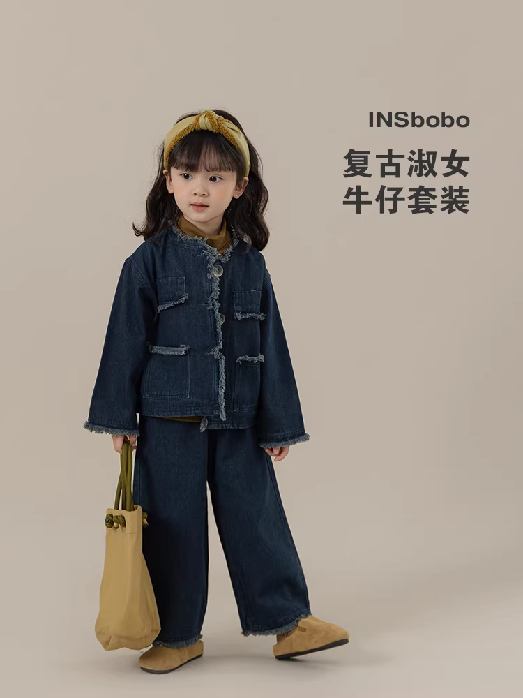 Bộ trang phục thu đông cho bé gái, bộ đồ denim trẻ em thời trang, quần áo bé gái hợp xu hướng thu đông 2025.