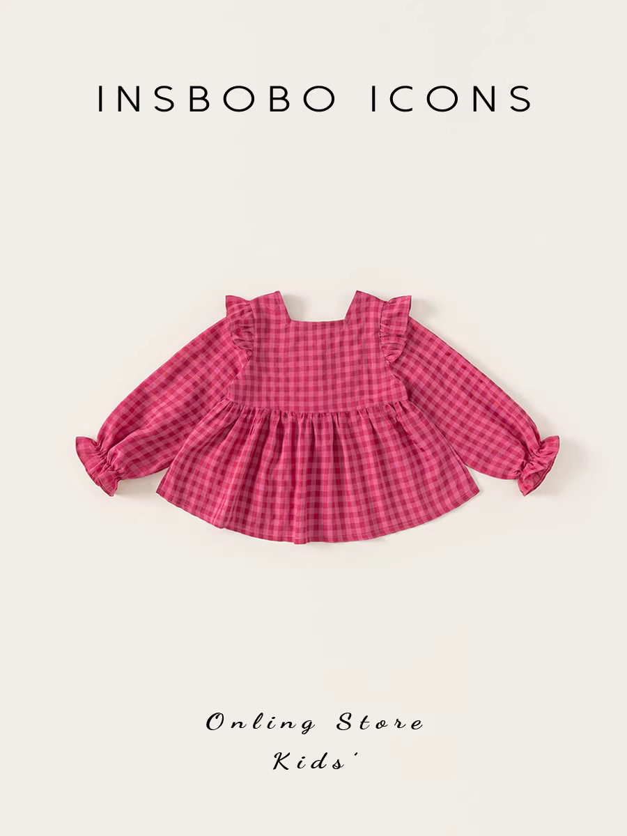 Áo sơ mi nữ INSbobo mùa thu, áo sơ mi kẻ ca rô trẻ em, kiểu mới xuân thu 2025, áo thời trang trẻ em, quần áo trẻ em