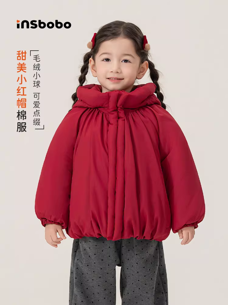Áo khoác bông đỏ cho bé gái, quần áo mùa đông cho bé 2025, áo khoác bông lót lông cừu, quần áo bông dày mới cho trẻ em, quần áo trẻ em