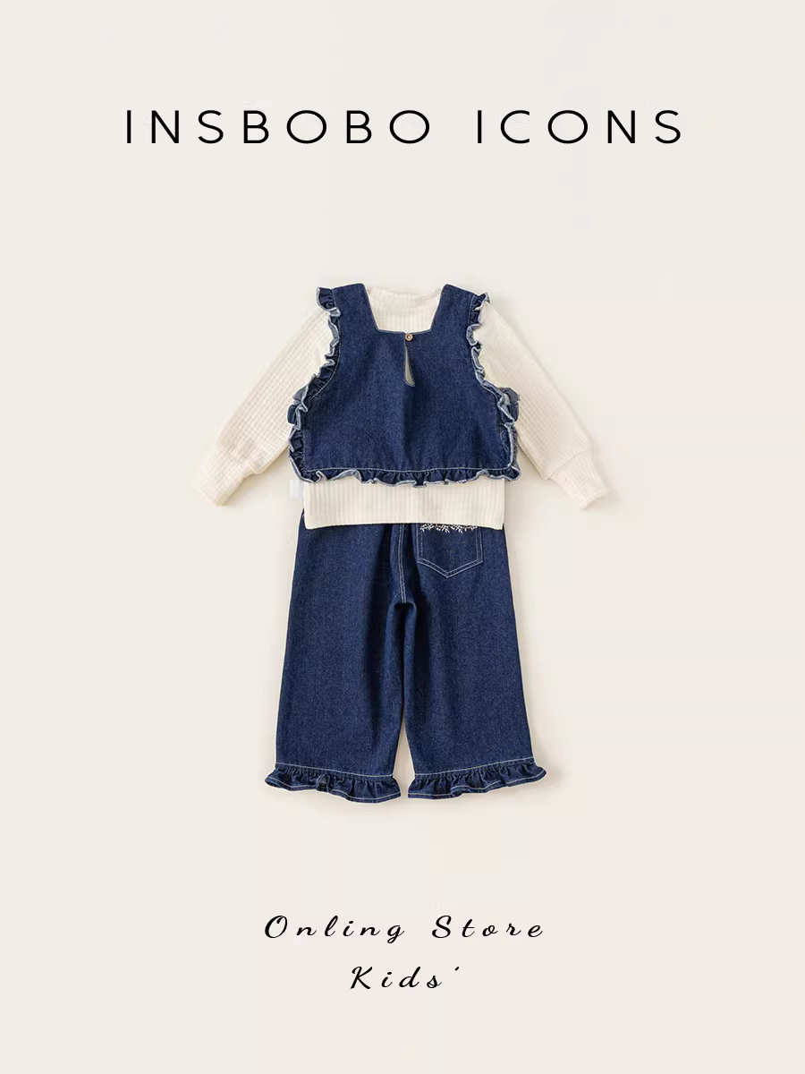 Bộ đồ nữ INSbobo thu đông 2025, thời trang, chất liệu denim, gồm ba món, dành cho bé gái.