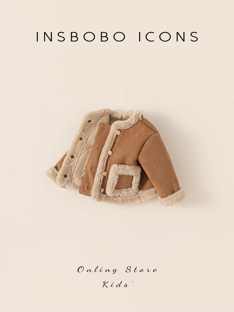 Áo khoác ngoài mùa thu đông 2025 kiểu mới cho bé gái, chất liệu da lộn, áo khoác cotton trẻ em, quần áo bé gái, áo khoác lông tích hợp lót lông cừu mùa đông