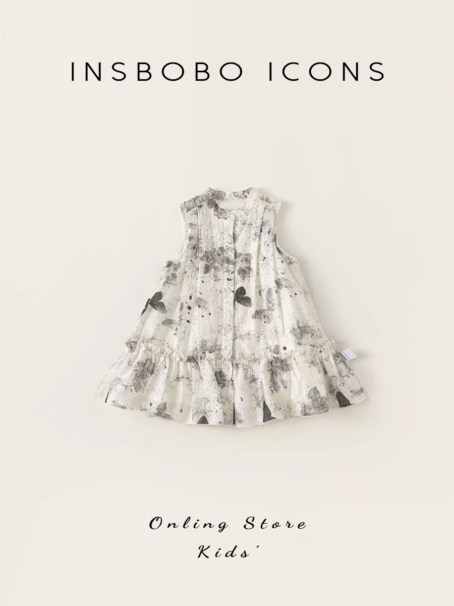 Váy bé gái INSbobo mùa hè 2024 kiểu mới thanh lịch in họa tiết mực, váy bé gái mặc thường ngày, váy bé gái kiểu tank