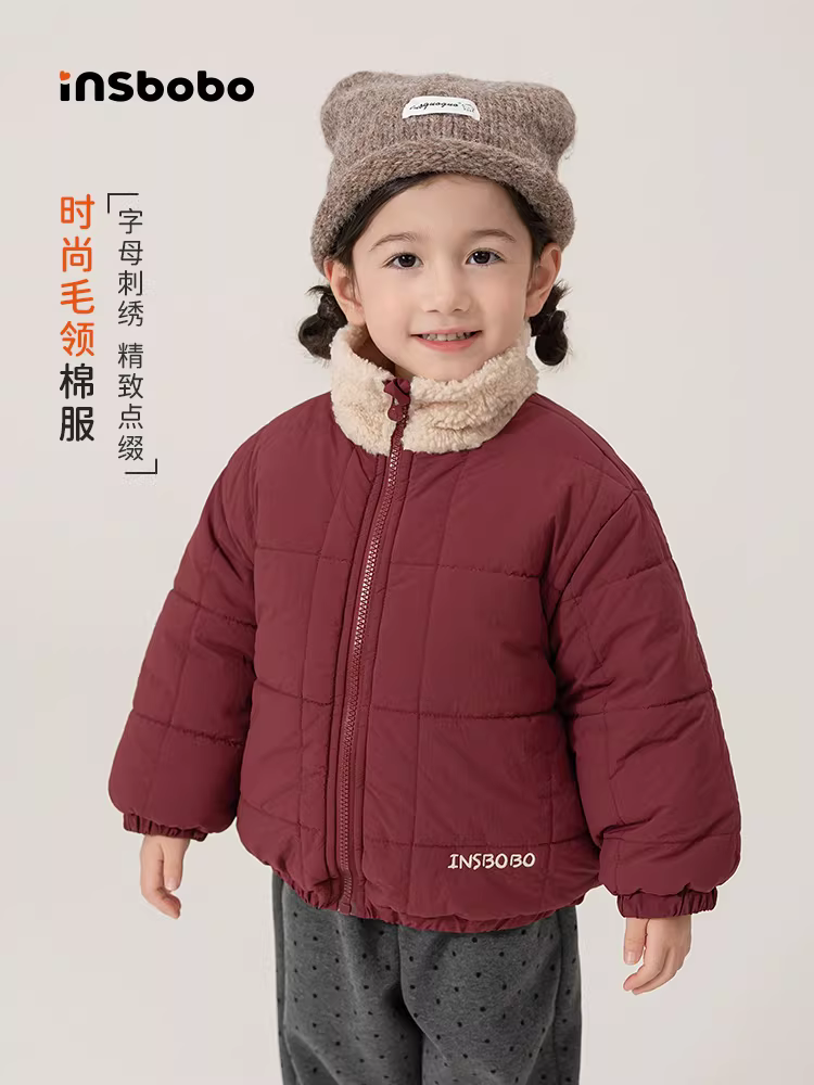 Quần áo cotton bé trai INSbobo, quần áo mùa đông trẻ em, quần áo cotton ấm áp, áo khoác đỏ mới năm 2025 cho bé gái, quần áo trẻ em mùa thu đông