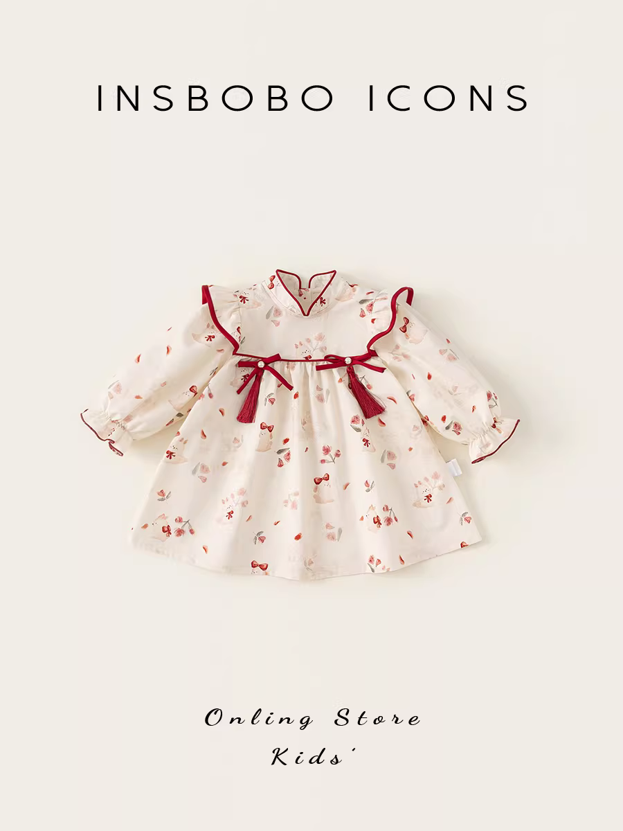 Váy bé gái INSbobo thu đông 2025 kiểu mới, váy hoa bé gái, váy hanfu Trung Quốc cho bé gái