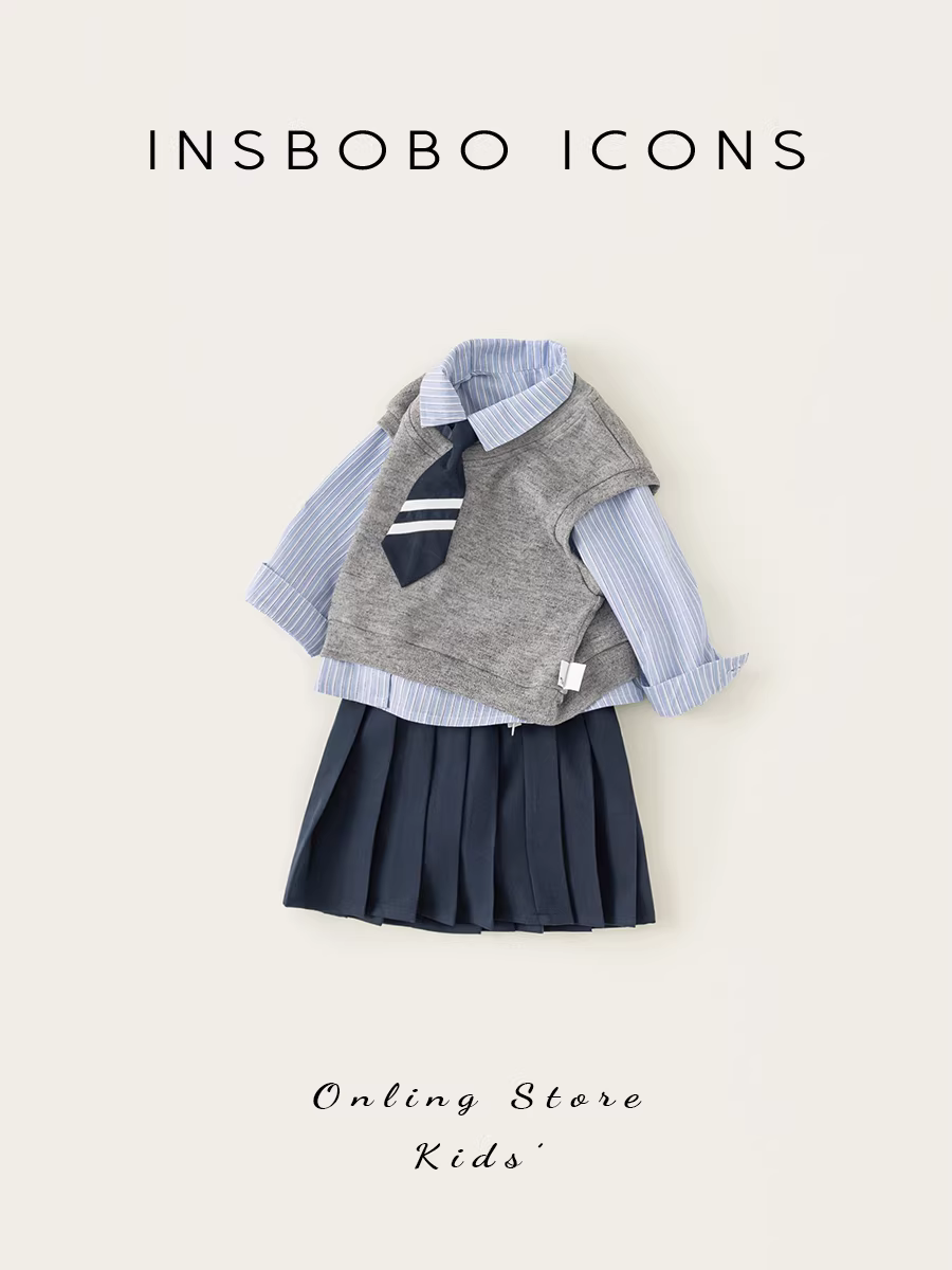 Bộ trang phục thu đông cho bé gái, phong cách preppy, bộ ba món cho bé gái, kiểu mới thu đông 2025, thời trang Hàn Quốc dài tay cho trẻ em.