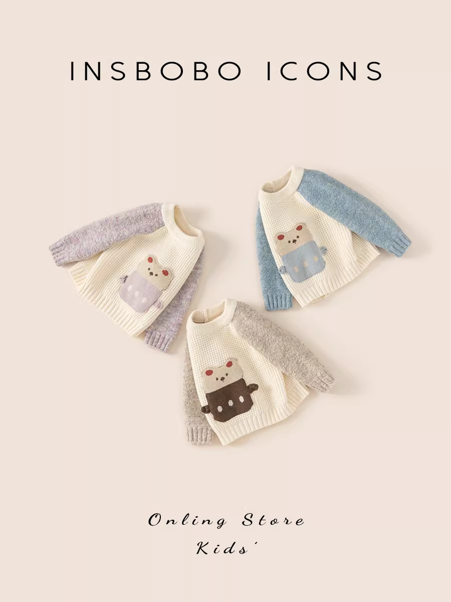Áo len bé gái INSbobo thu đông 2025 kiểu dáng thời trang phối màu áo len bé trai tay dài