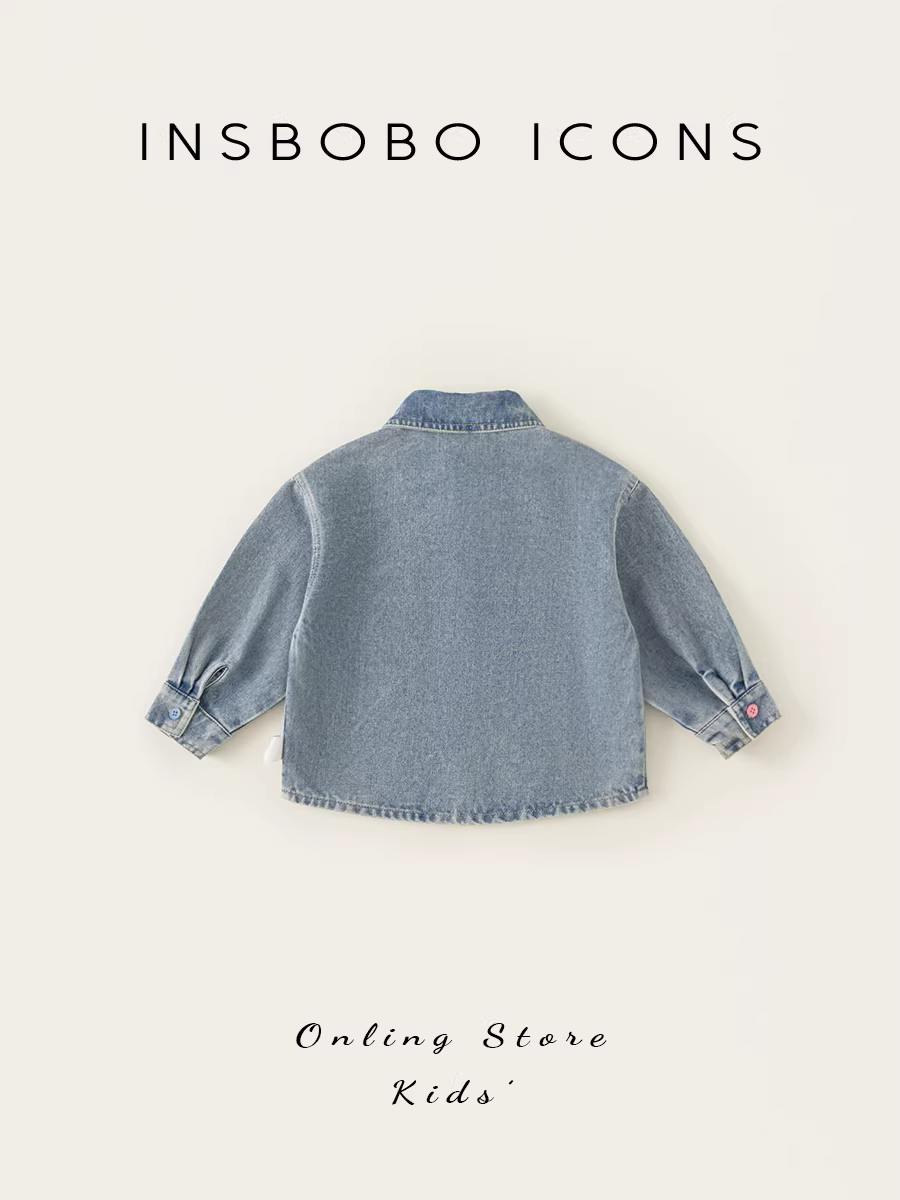 Áo khoác bé trai INSbobo, áo sơ mi denim bé gái, quần áo trẻ em thời trang xuân thu, quần áo trẻ em sơ sinh, áo mùa thu