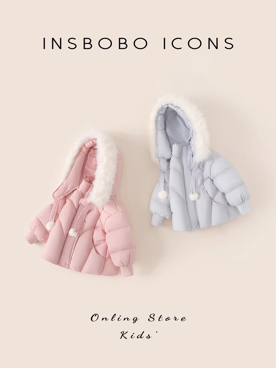 Áo khoác phao bé gái INSbobo mùa đông 2025, áo khoác phao trẻ em mới, quần áo mùa đông ấm áp, thời trang trẻ em