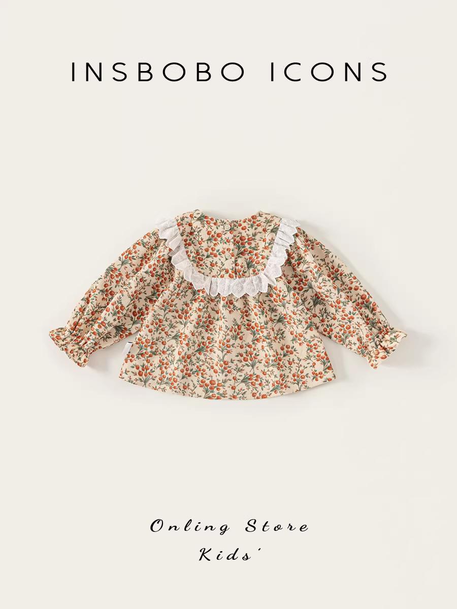 Áo sơ mi bé gái INSbobo kiểu mới thu 2025, áo hoa trẻ em, áo búp bê phong cách xuân thu