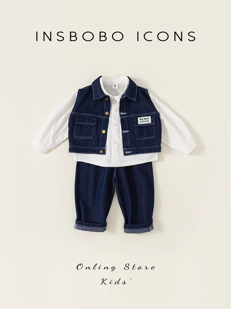 Bộ trang phục thu đông bé trai 2025 kiểu mới, bộ ba gồm áo vest bé trai, quần áo denim trẻ em xuân thu INSbobo