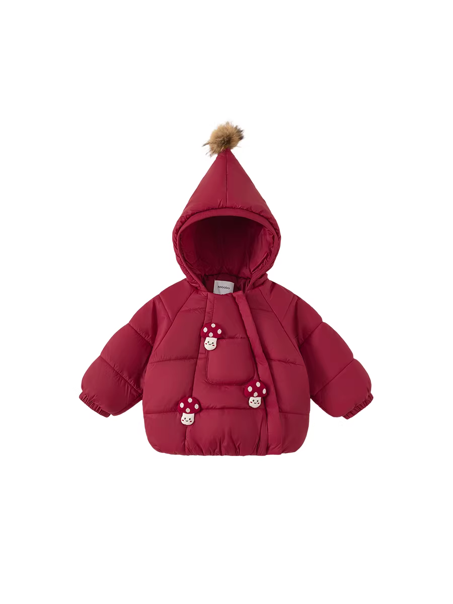 Áo khoác cotton bé gái INSbobo mùa đông 2025, áo khoác cotton thời trang cho bé gái, quần áo mùa đông bé gái, áo khoác cotton có mũ màu đỏ, kiểu dáng thời thượng