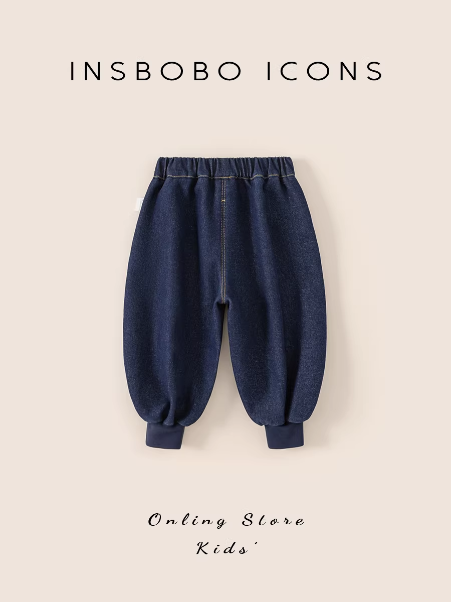 Quần bé trai INSbobo, quần jean dày giữ ấm mùa đông 2025, quần dài lót lông cho bé trai