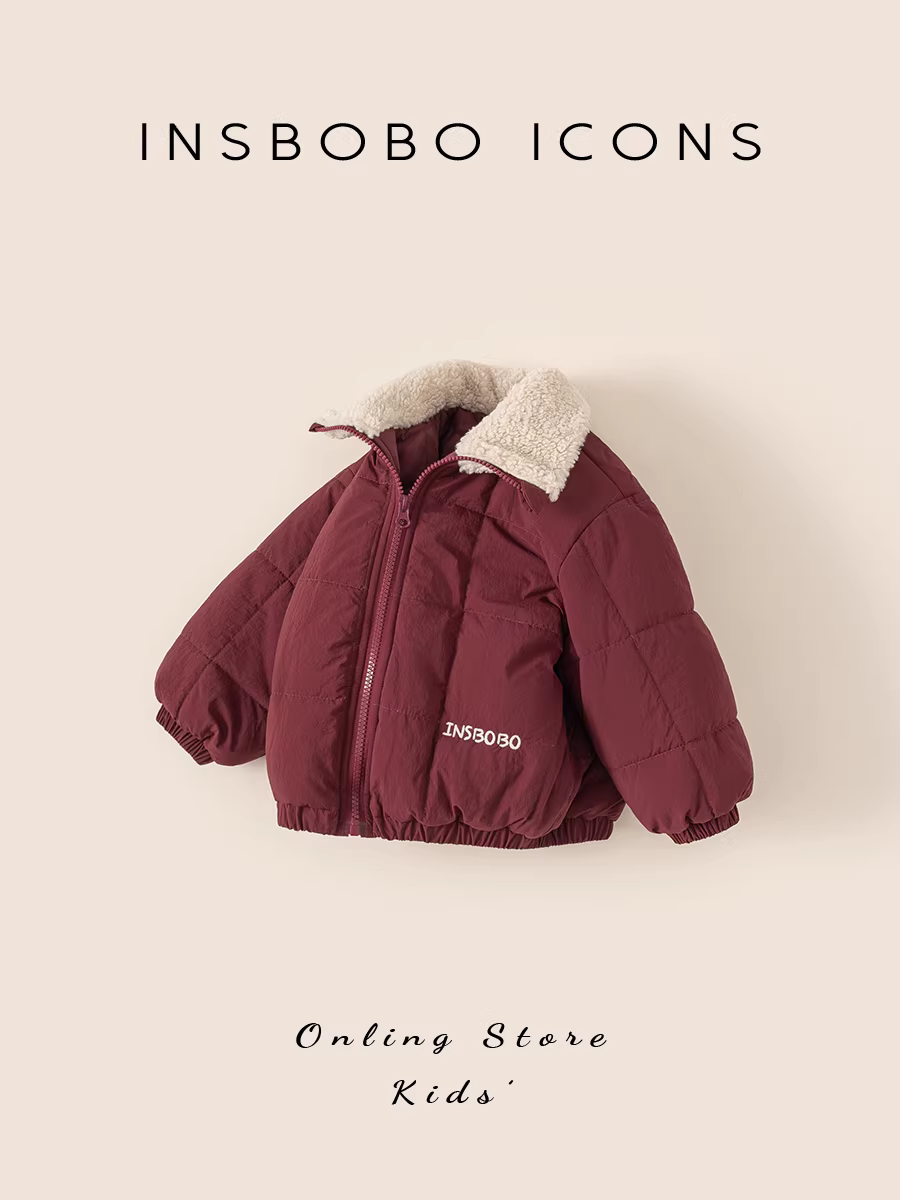 Quần áo cotton bé trai INSbobo, quần áo mùa đông trẻ em, quần áo cotton ấm áp, áo khoác đỏ mới năm 2025 cho bé gái, quần áo trẻ em mùa thu đông