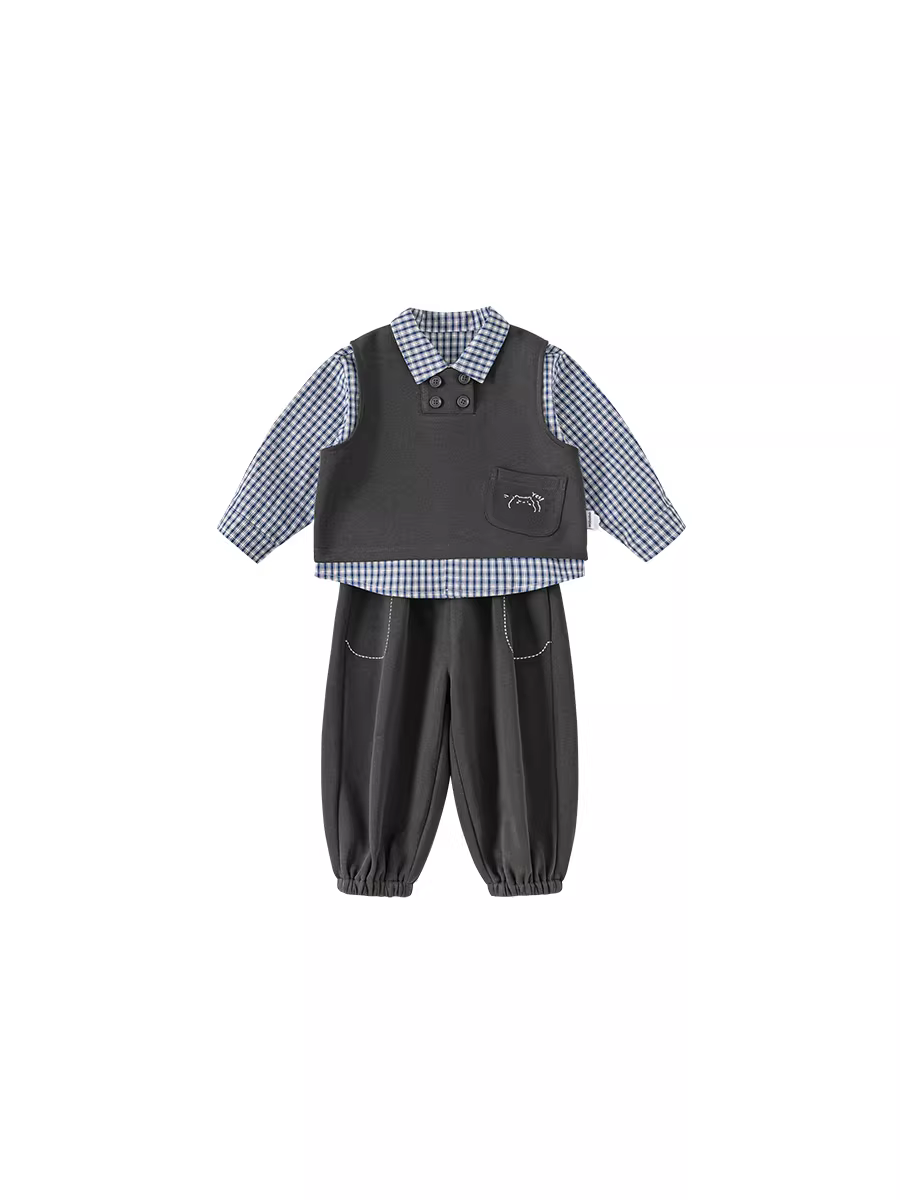 Bộ vest bé trai INSbobo thu sớm 2025, trang phục thu mới, quần áo trẻ em, áo gile ba món thời trang