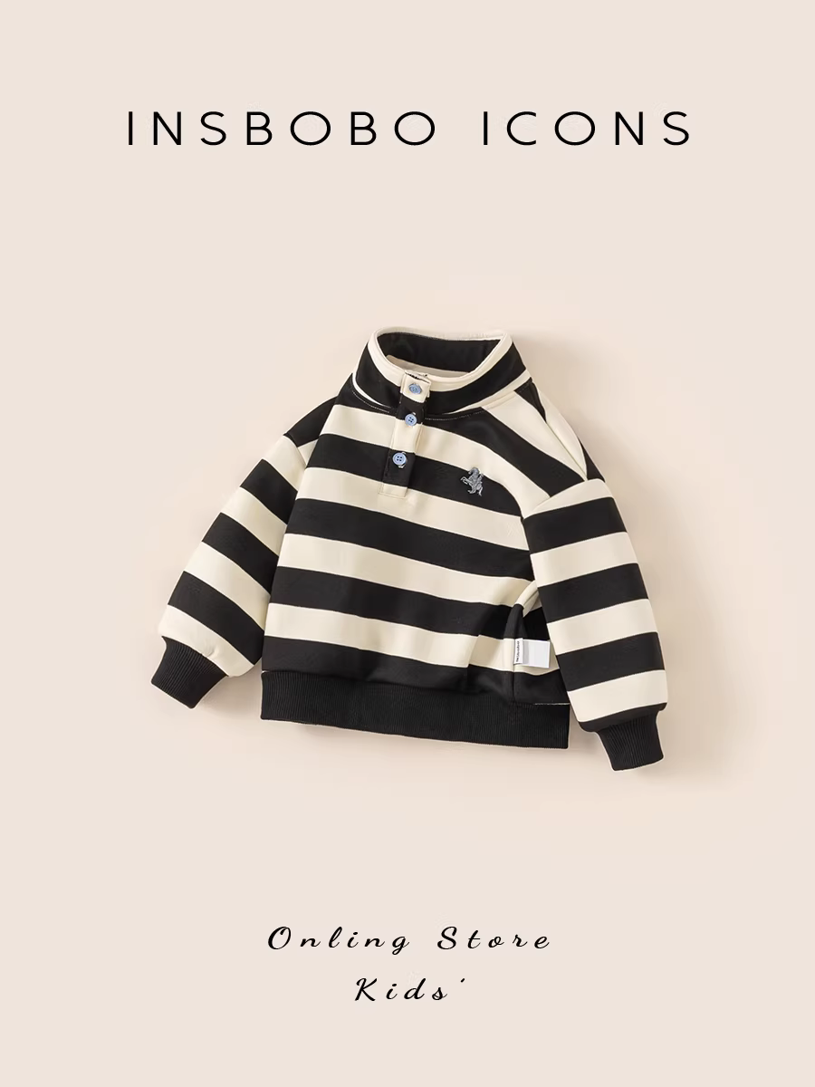 Áo nỉ bé trai INSbobo thu đông mới 2025 áo dày dặn trẻ em cổ đứng kẻ sọc mùa đông