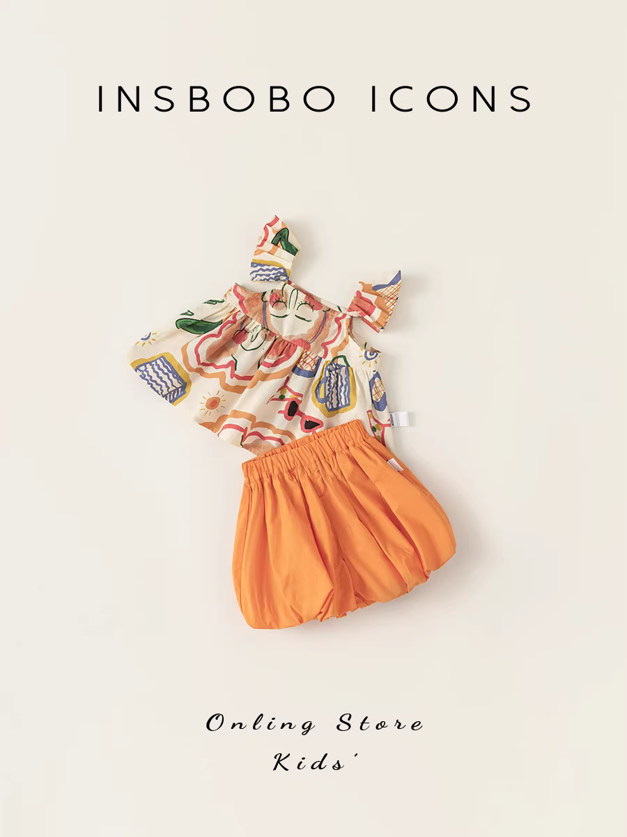 Bộ trang phục mùa hè mới của INSbobo dành cho bé gái với áo hai dây tay bồng, quần áo trẻ em hai mảnh, phong cách và thời trang