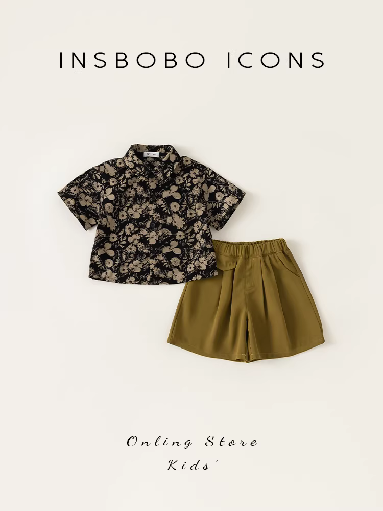 Bộ quần áo hè bé trai 2025 mới, thời trang trẻ em, áo sơ mi hoa, quần áo hè mát mẻ cho bé trai