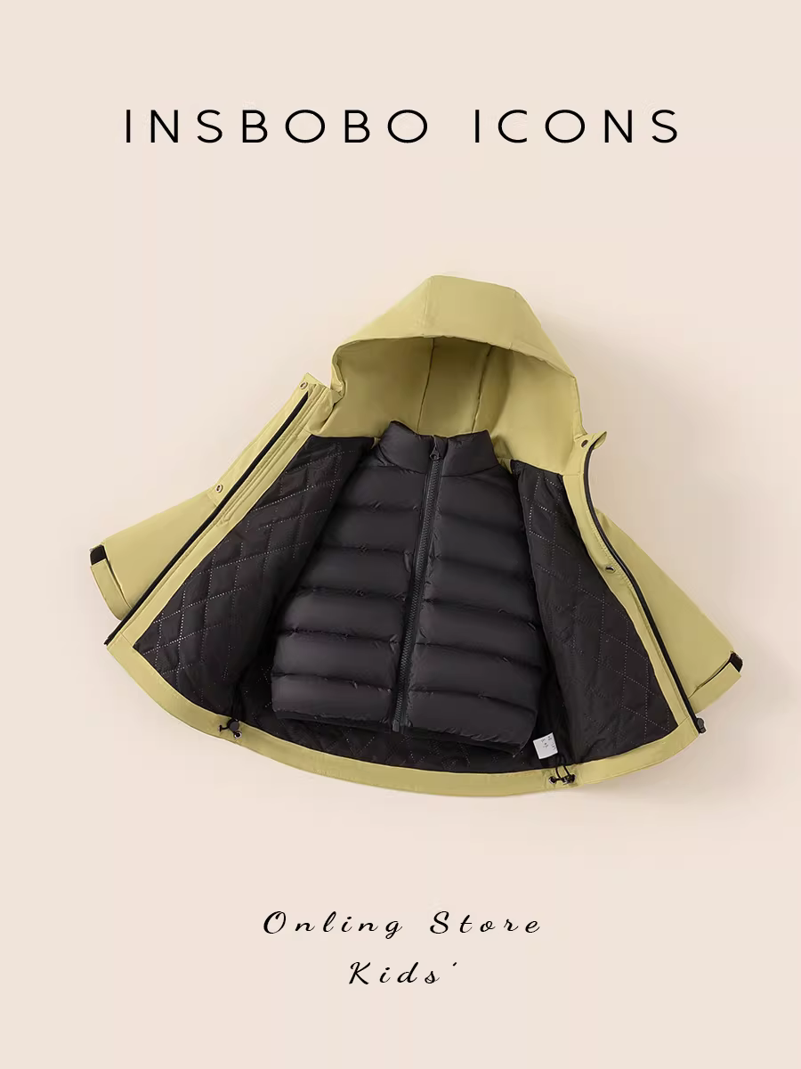 Áo khoác trẻ em INSbobo quần áo mùa đông ba lớp chống thấm áo khoác lông vũ cho bé trai áo khoác lông vũ cho bé gái 90 màu trắng lông vịt ấm áp quần áo trẻ em