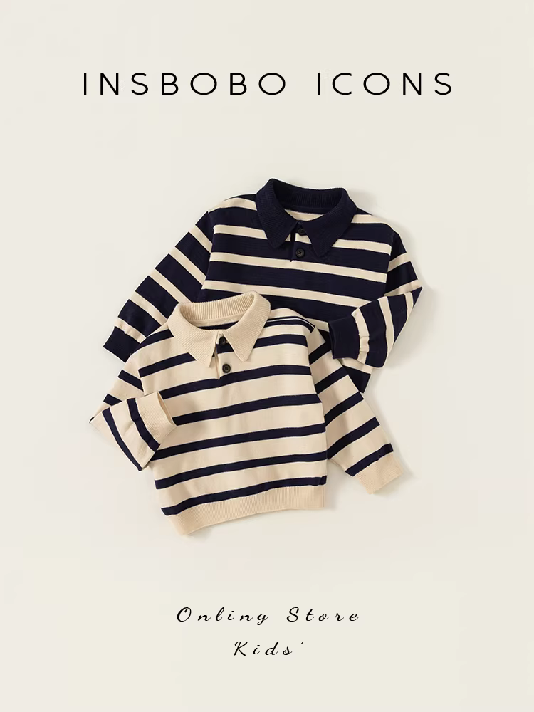 Áo len bé gái INSbobo thu đông 2025, áo thun sọc bé trai xuân thu, quần áo trẻ em