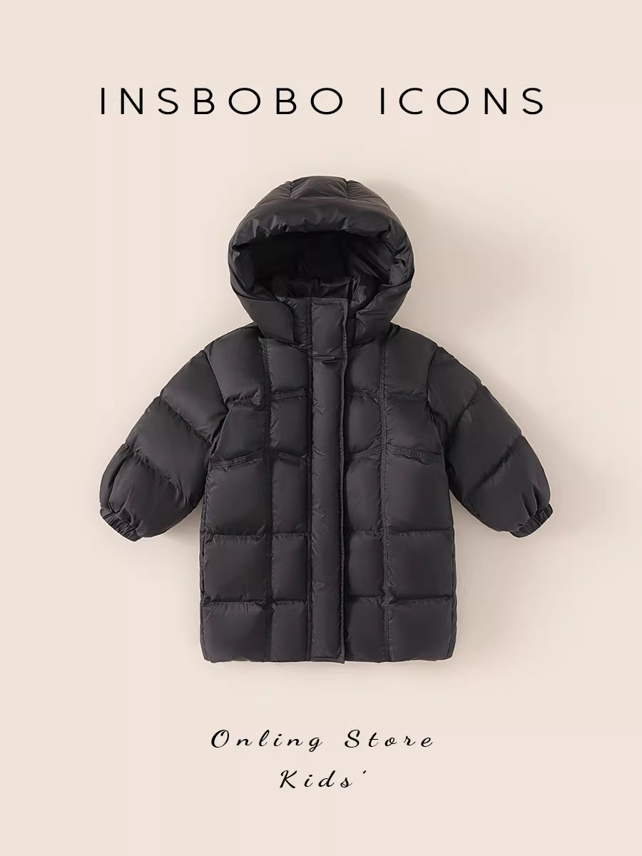 Áo khoác phao INSbobo cho bé trai mùa đông 2025 màu đen vàng, áo khoác phao mùa đông cho bé trai, áo khoác phao trẻ em chống thấm ba lớp