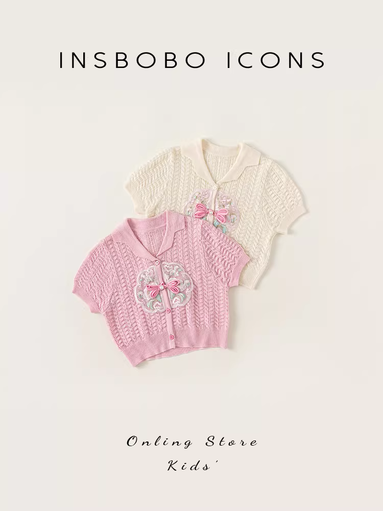 Áo len dệt kim INSbobo cho bé gái, kiểu dáng thời trang phong cách Trung Hoa, tay ngắn, mẫu mới 2024, áo len trẻ em cá tính, năng động.