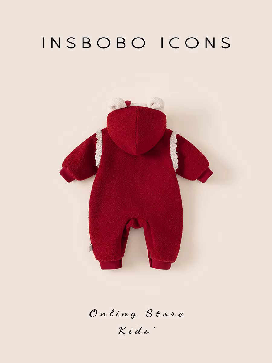 Quần áo bé INSbobo thu đông 2025 kiểu mới mùa đông, chất liệu lông cừu, bộ liền thân bé gái, quần áo mùa đông