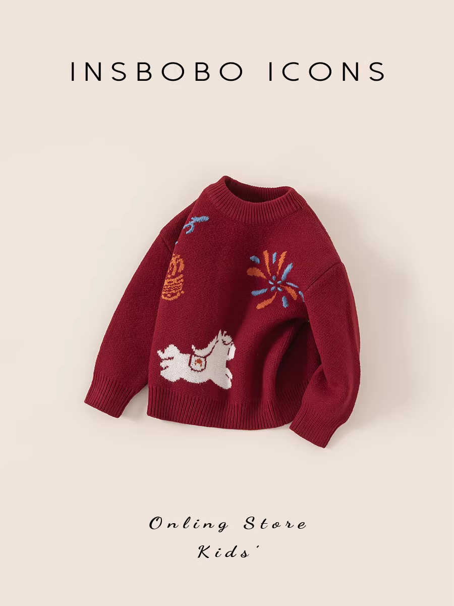 Áo len bé gái INSbobo mùa đông 2025, áo bé trai mới, quần áo Giáng sinh, áo len đỏ trẻ em mùa đông