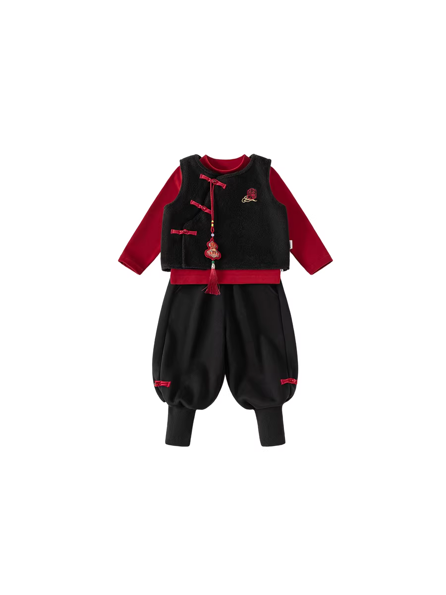 Trang phục Tết Hanfu cho bé trai INSbobo một tuổi, mùa đông 2025, kiểu áo Tang mới, lót lông cừu, màu đỏ thời trang