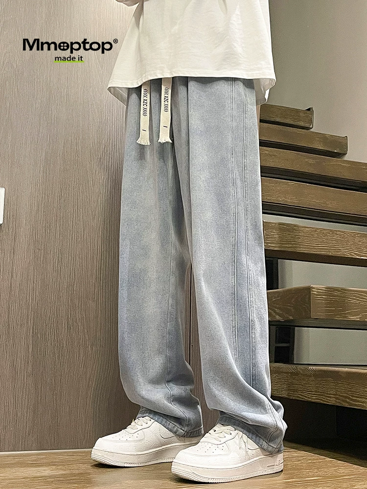 Quần jean denim giặt Mmoptop dành cho nam, quần ống rộng thẳng có dây rút phong cách Mỹ, quần thường ngày mỏng thoáng khí mùa hè