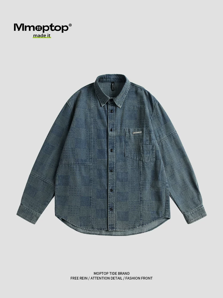 Mmoptop retro đau khổ áo sơ mi denim nam dài tay mùa xuân 2025 hợp thời trang thương hiệu áo sơ mi dáng rộng áo khoác quần áo nam