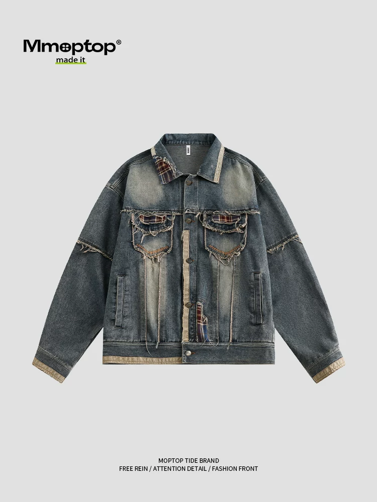 Mmoptop Áo khoác denim phong cách Mỹ hợp thời trang, kiểu dáng thô, phối vải, rách, dành cho nam và nữ, kiểu dáng cổ điển, rộng rãi, phong cách đường phố độc đáo