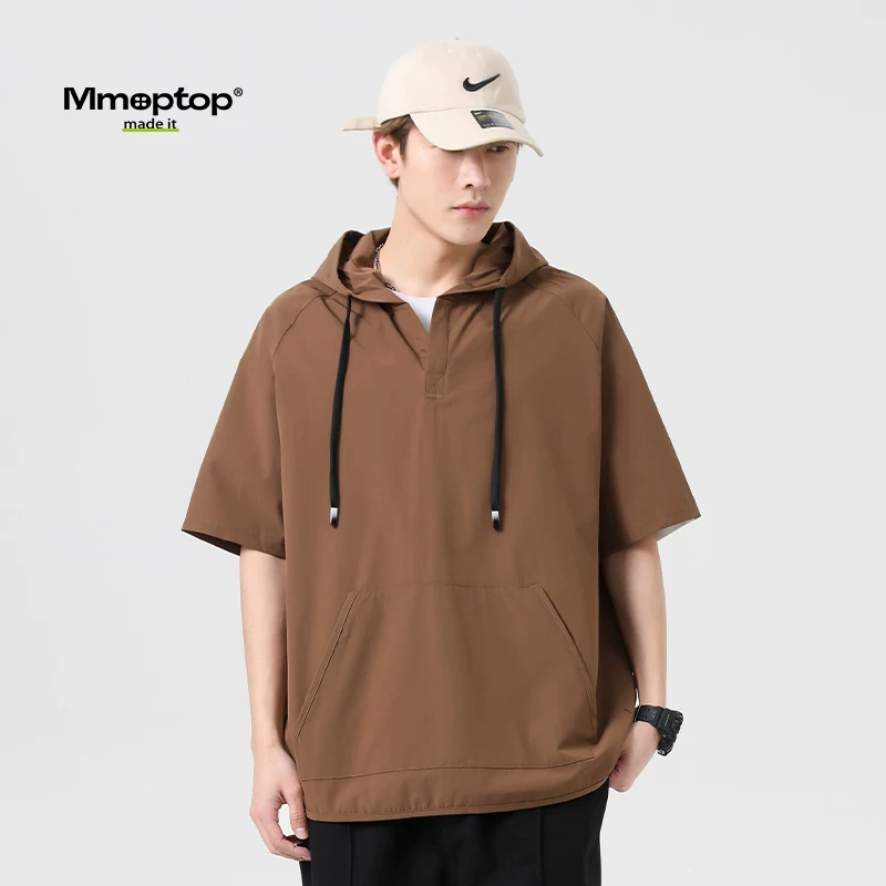 Mmoptop mùa hè mới Áo thun ngắn tay có mũ trùm đầu phong cách đường phố Mỹ dành cho nam, áo thun dáng rộng thông thường bằng lụa băng tạo cảm giác mát mẻ dành cho nam