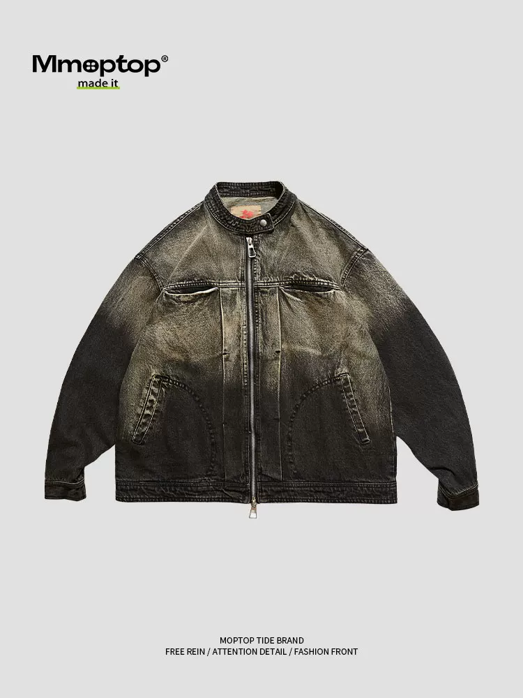 Mmoptop2024 Áo khoác denim màu gradient mùa thu được giặt nặng Áo khoác nam đa năng dáng rộng thông thường dành cho các cặp đôi