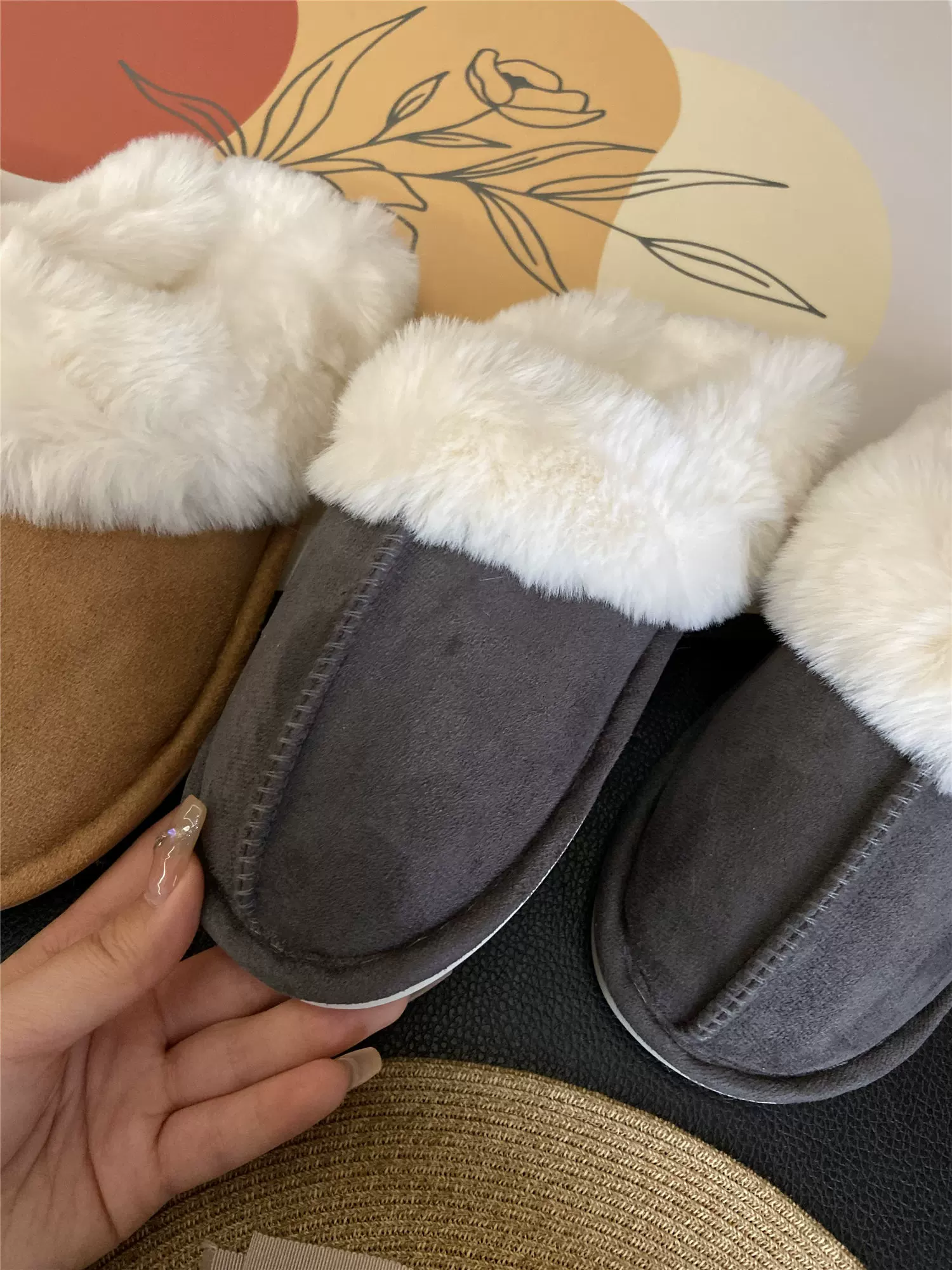 Don Quixote cổ điển đa năng ấm áp ~ có thể mang vào mùa thu đông dép lông thú giả tích hợp mũi kín giày cotton sang trọng