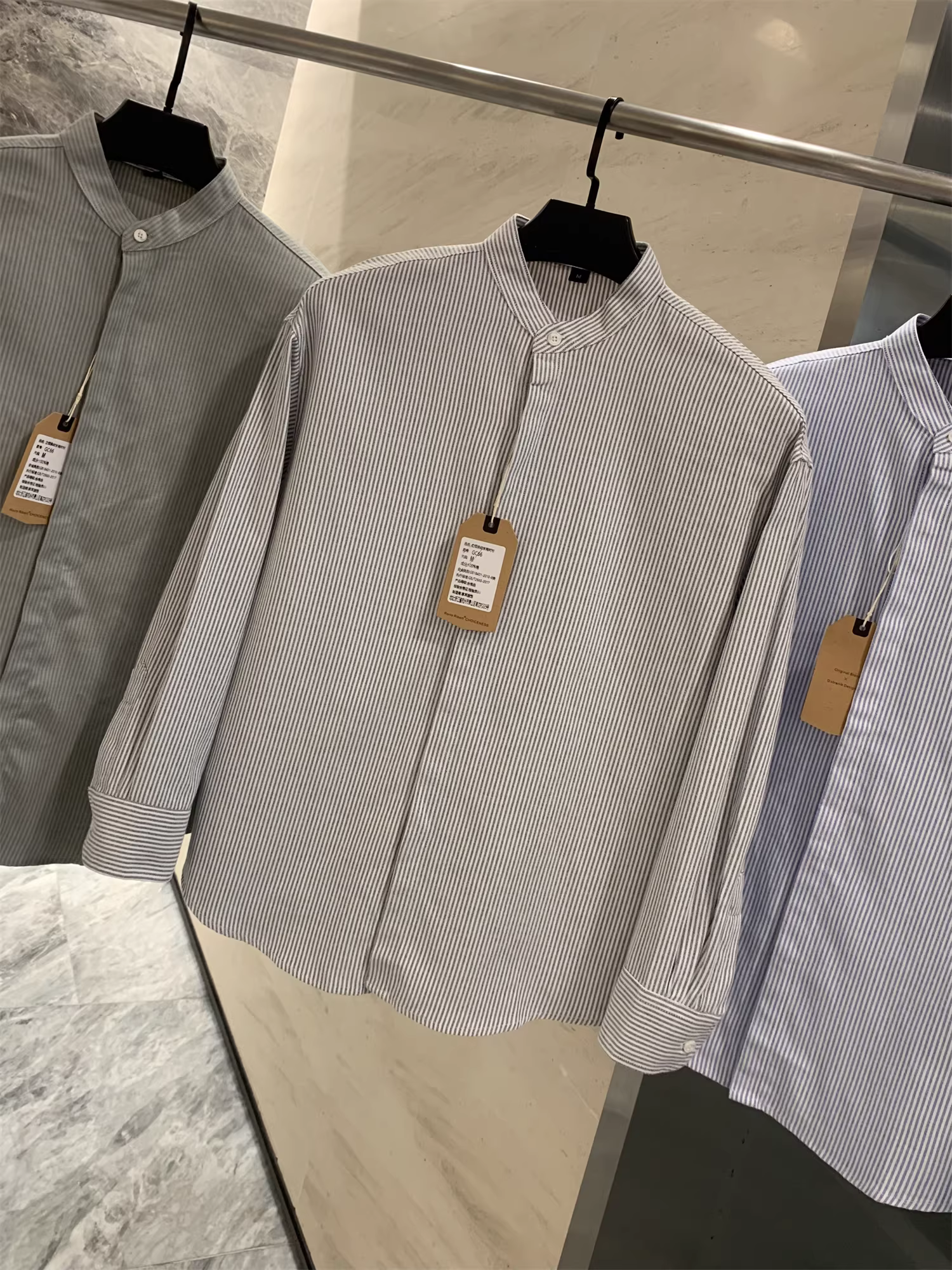 Don Quixote, xu hướng thời trang nhanh! Quá trình giặt hoàn toàn bằng cotton! Áo sơ mi dài tay cổ đứng kiểu Trung Quốc sọc dọc dành cho nam.