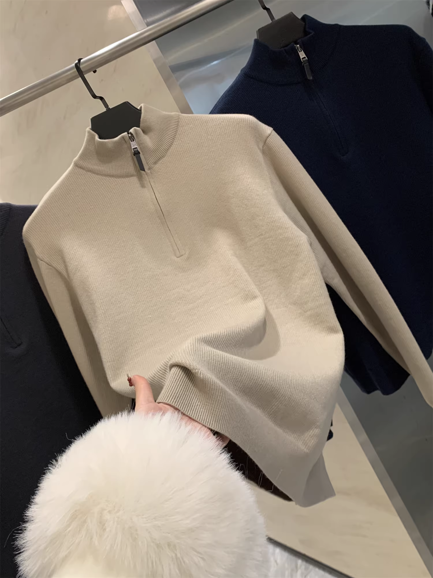 Áo len nam Don Quixote Modal Blend! Thiết kế nửa khóa kéo! Áo len dệt kim màu trơn đa năng mùa thu đông.