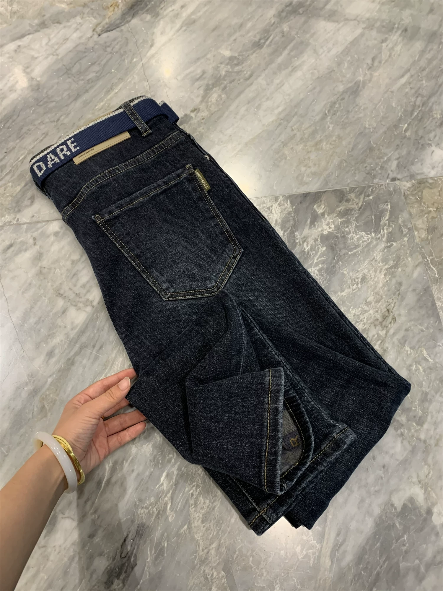 Công nghệ sợi nhiệt Don Quixote! Tặng thắt lưng! Quần jean nam màu xanh cổ điển, lót lông cừu, ấm áp, phong cách thường ngày