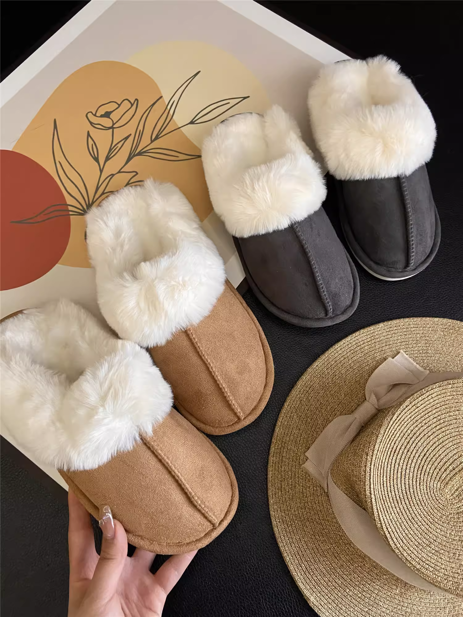 Don Quixote cổ điển đa năng ấm áp ~ có thể mang vào mùa thu đông dép lông thú giả tích hợp mũi kín giày cotton sang trọng