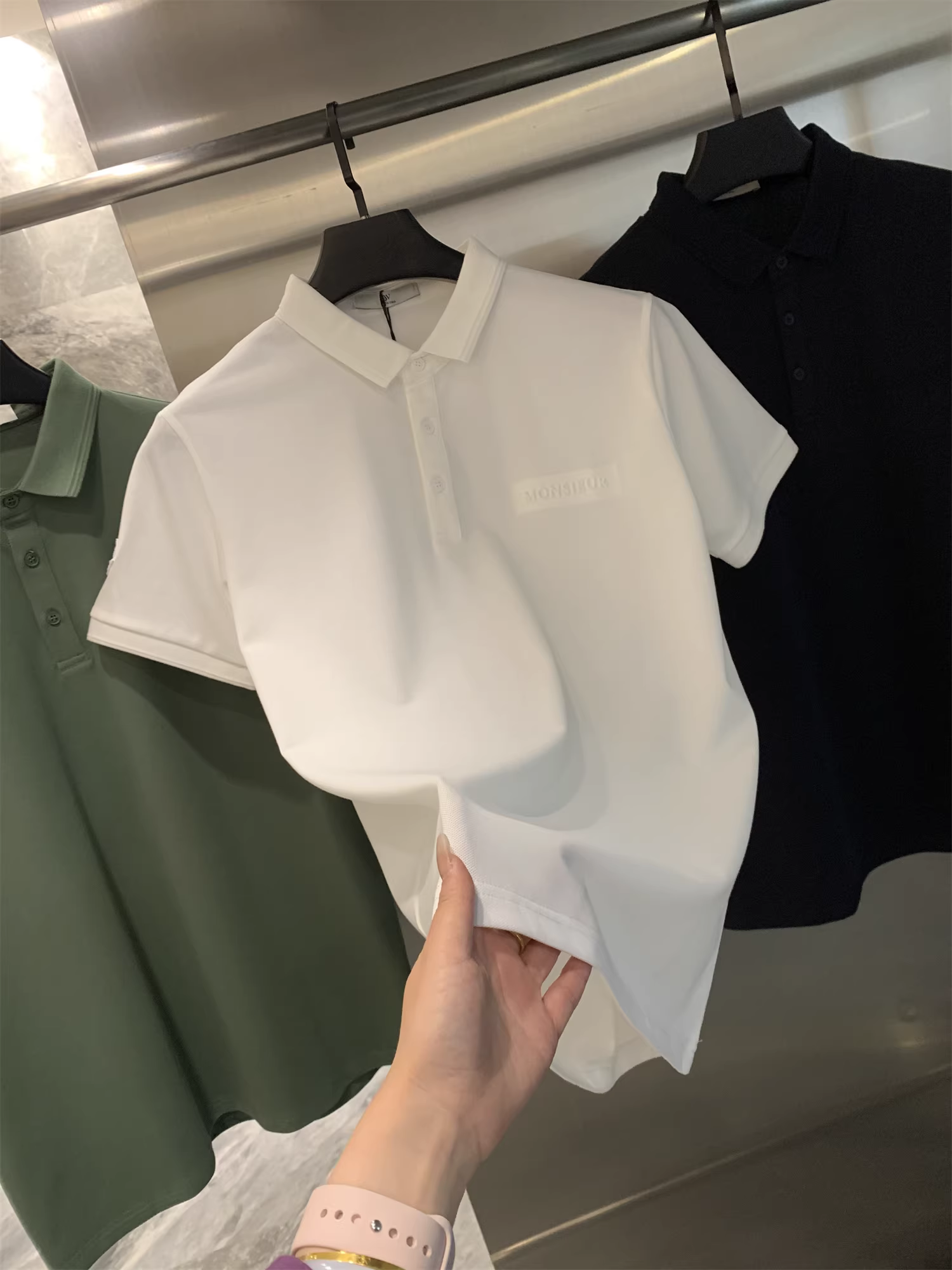 Don Quixote, chất lượng hàng đầu! Vải lưới pique cao cấp! Áo polo nam tay ngắn, cổ áo thêu chữ nổi.