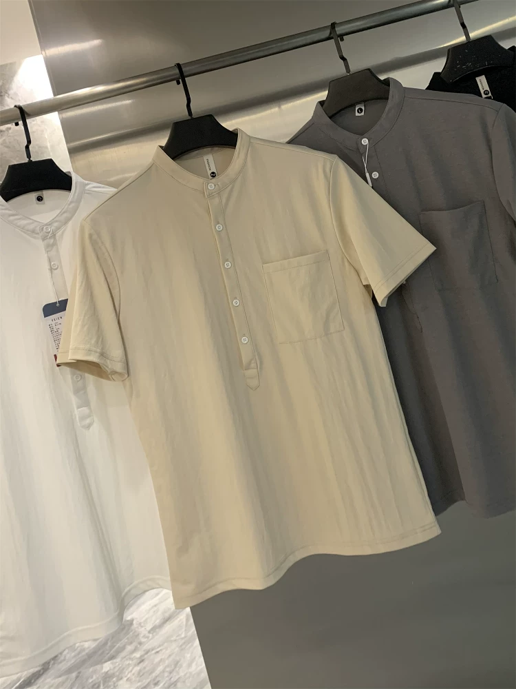 Áo sơ mi nam chất liệu cotton-linen pha trộn Don Quixote! Màu trơn, nhẹ, thoáng khí, kiểu dáng nghệ thuật, áo sơ mi ngắn tay cổ Henry phong cách thường ngày.