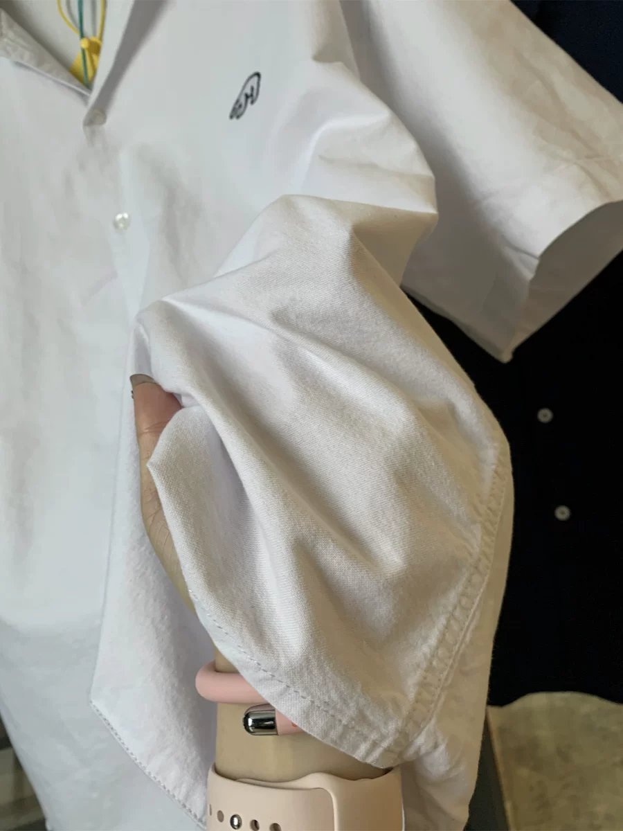 Don Quixote Thêu đơn giản! Áo sơ mi ngắn tay thông thường dành cho nam mùa hè 100% cotton thoáng khí phong cách Nhật Bản