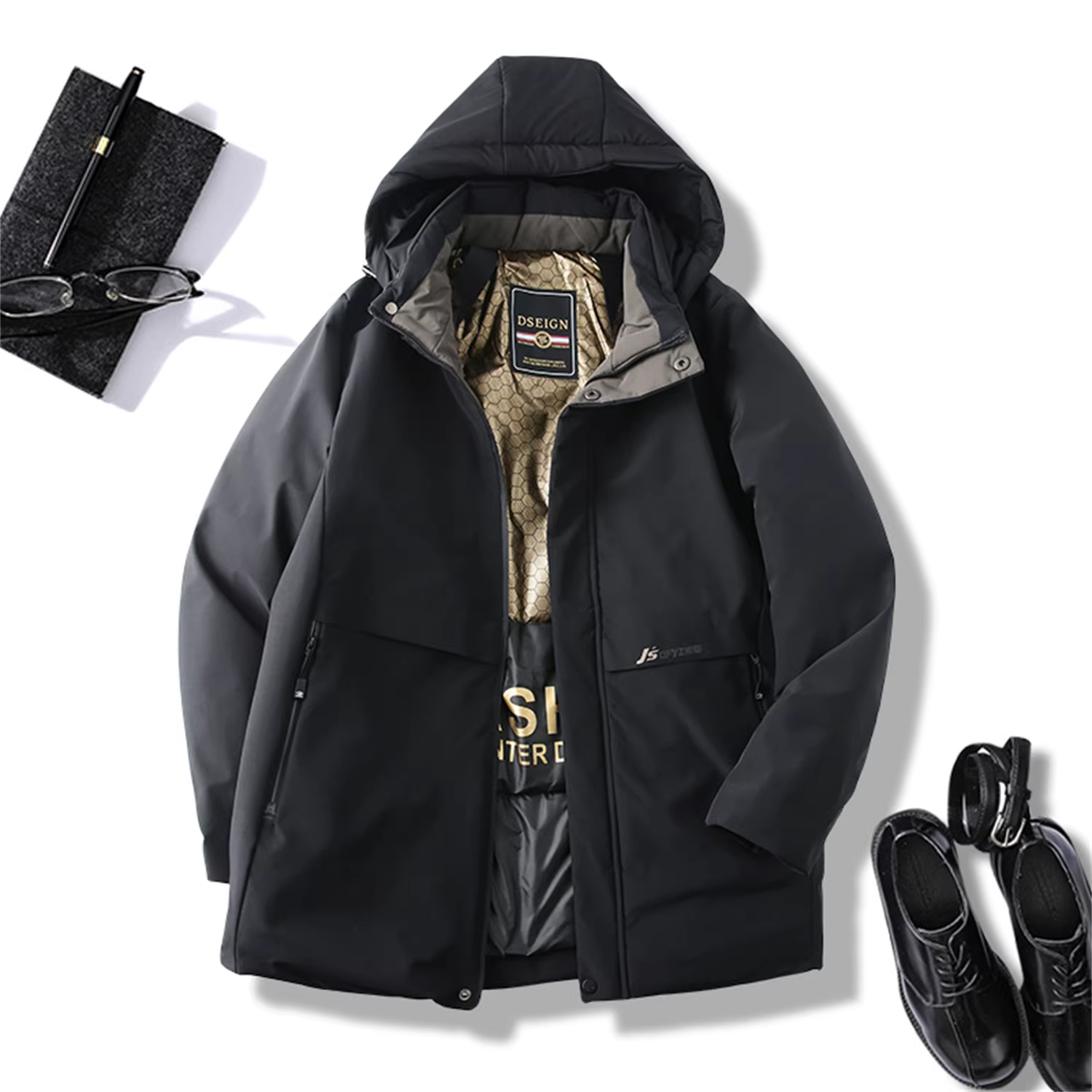 Công nghệ nhiệt graphene Don Quixote! Áo khoác cotton có mũ trùm đầu, lót lông cừu dày dặn, có thể tháo rời dành cho nam giới.