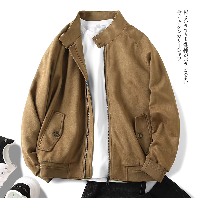 Dòng thiết kế Don Quixote! Áo khoác nam màu trơn, cổ đứng, chất liệu da lộn nhập khẩu, mềm mại và thoải mái.