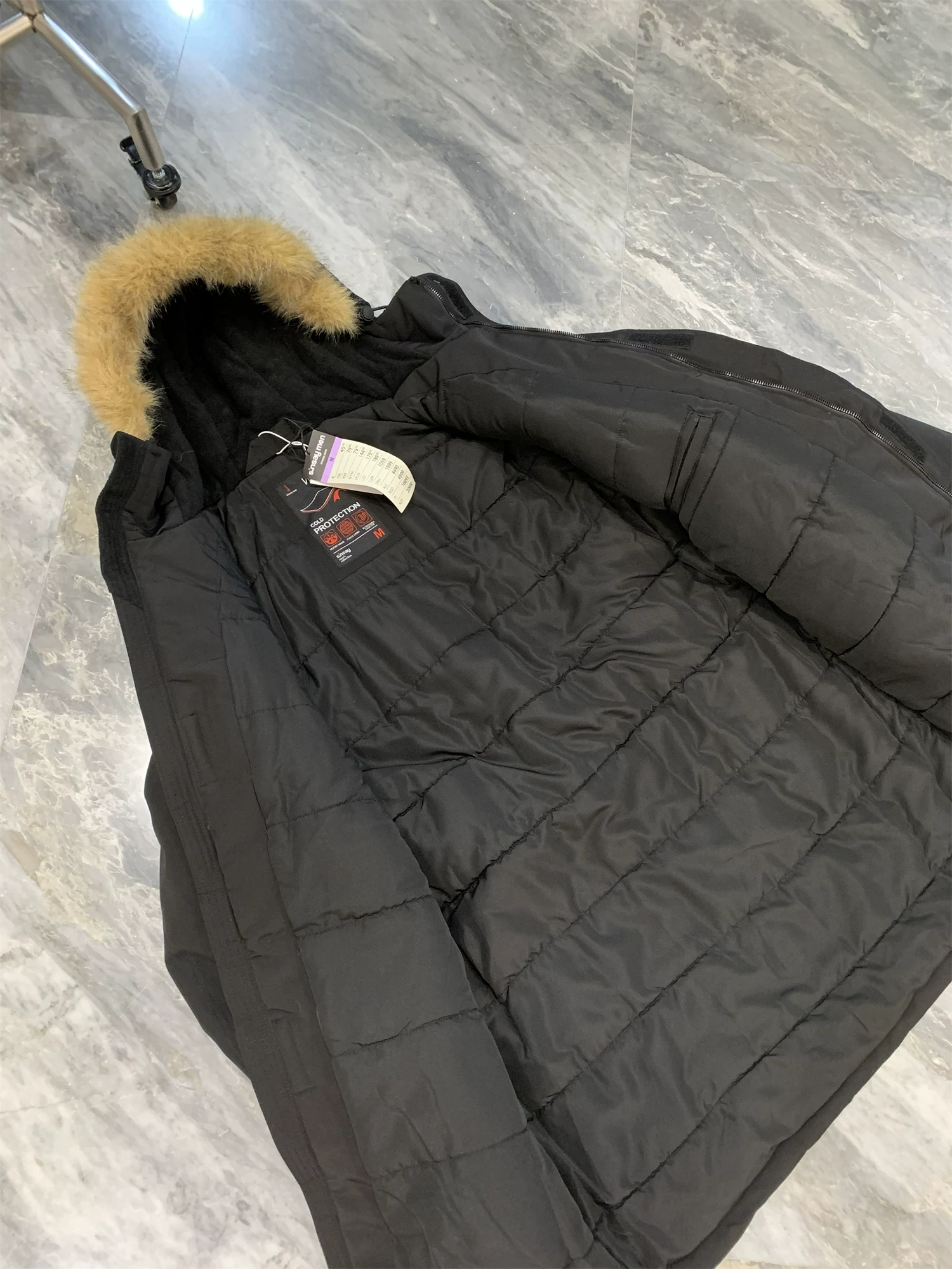 Don Quixote đến Tây Ban Nha! Áo khoác cotton dài vừa phải có cổ lông nhiều túi dành cho nam mùa đông, quần áo hợp thời trang chống gió và chống lạnh.